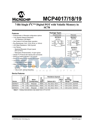 MCP4017T-502E/LT datasheet - 7-Bit Single I2C Digital POT with Volatile Memory in SC70