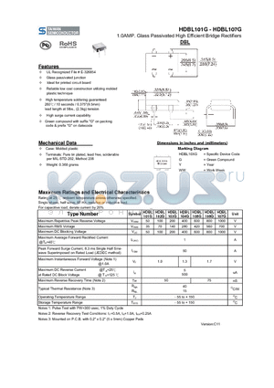 HDBL101G datasheet - 1.0AMP. Glass Passivated High Efficient Bridge Rectifiers