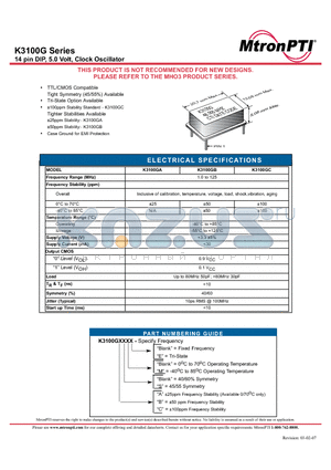 K3100GCSME datasheet - 14 pin DIP, 5.0 Volt, Clock Oscillator