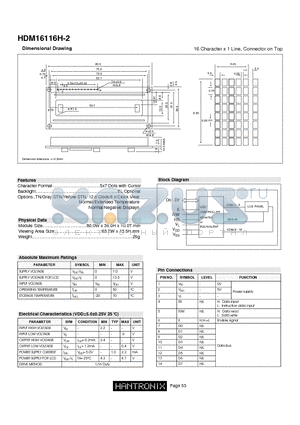 HDM16116H-2 datasheet - 16 Character x 1 Line, Connector on Top