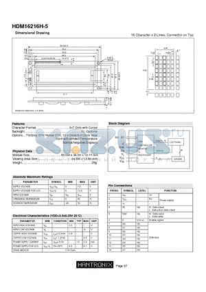 HDM16216H-5 datasheet - 16 Character x 2 Lines, Connector on Top