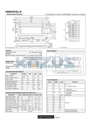 HDM16216L-B datasheet - 16 Character x 2 Lines, LED Backlight, Connector on Bottom