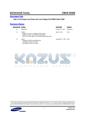 K6F2016U4E-F datasheet - 128K x16 bit Super Low Power and Low Voltage Full CMOS Static RAM
