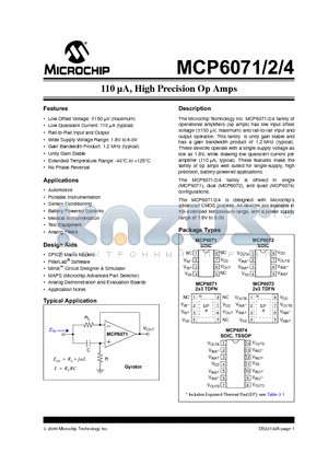 MCP6071T-E/MNY datasheet - 110 lA, High Precision Op Amps