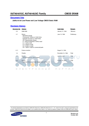 K6T4016V3C-TB70 datasheet - 256Kx16 bit Low Power and Low Voltage CMOS Static RAM