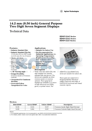 HDSP-52XY datasheet - 14.2 mm (0.56 inch) General Purpose Two Digit Seven Segment Displays