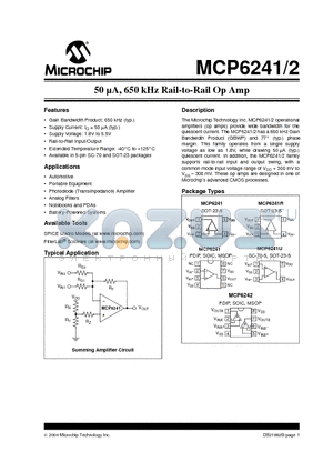 MCP6241-E/P datasheet - 50 uA, 650 kHz Rail-to-Rail Op Amp