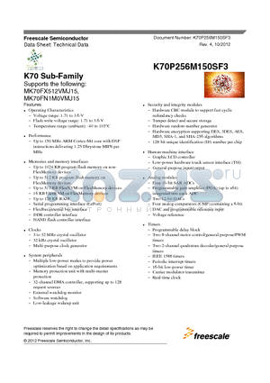 K70P256M150SF3_1210 datasheet - K70 Sub-Family