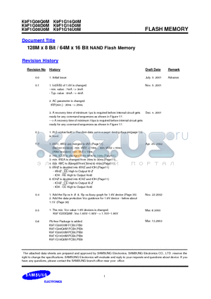 K9F1G08D0M datasheet - 128M x 8 Bit / 64M x 16 Bit NAND Flash Memory