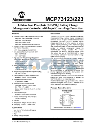 MCP73123 datasheet - Lithium Iron Phosphate (LiFePO4) Battery Charge Management Controller with Input Overvoltage Protection