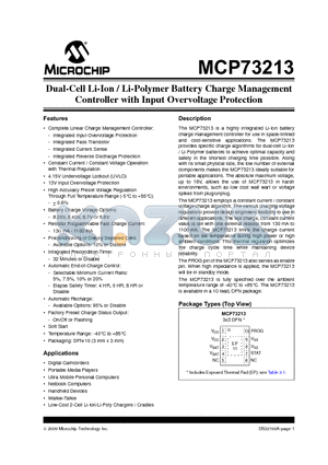 MCP73213-A6SI/MF datasheet - Dual-Cell Li-Ion / Li-Polymer Battery Charge Management Controller with Input Overvoltage Protection