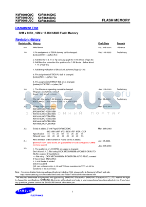 K9F5616Q0C-D datasheet - 32M x 8 Bit 16M x 16 Bit NAND Flash Memory