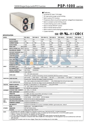 PSP-1000 datasheet - 1000W Single Output with PFC Function