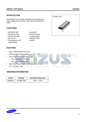 KA22425 datasheet - AM/FM 1CHIP RADIO