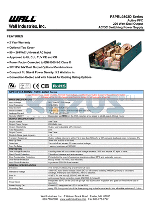 PSPRL9802DX-0524 datasheet - Active PFC 200 Watt Dual Output AC/DC Switching Power Supply