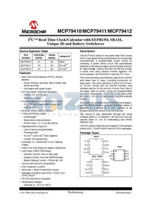 MCP79410 datasheet - I2C Real-Time Clock/Calendar with EEPROM, SRAM, Unique ID and Battery Switchover