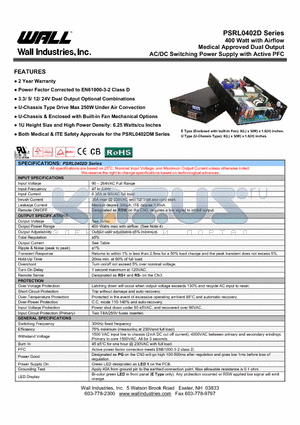PSRL0402DX-0524 datasheet - 400 Watt with Airflow Medical Approved Dual Output AC/DC Switching Power Supply with Active PFC