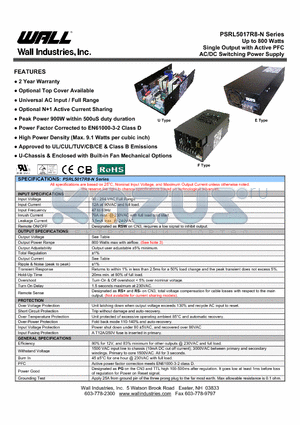 PSRL5017RX8-12N datasheet - Up to 800 Watts Single Output with Active PFC AC/DC Switching Power Supply