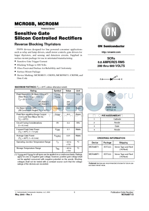 MCR08BT1 datasheet - SENSITIVE GATE SILICON CONTROLLED RECTIFIERS