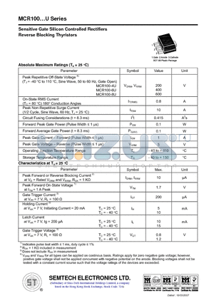 MCR100 datasheet - Sensitive Gate Silicon Controlled Rectifiers Reverse Blocking Thyristors