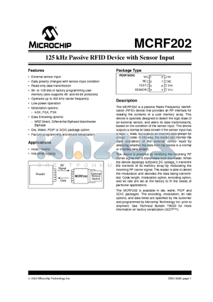 MCRF202-I/S datasheet - 125 kHz Passive RFID Device with Sensor Input