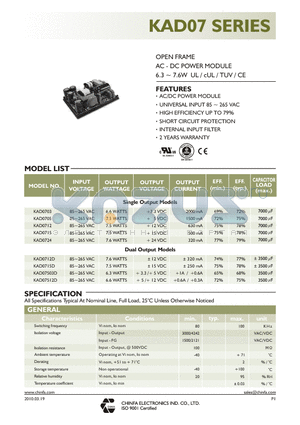 KAD07503D datasheet - OPEN FRAME AC - DC POWER MODULE 6.3 ~ 7.6W UL / cUL / CE