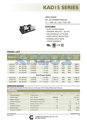 KAD1503 datasheet - OPEN FRAME AC - DC POWER MODULE 13 ~ 15W UL / cUL / TUV / CE