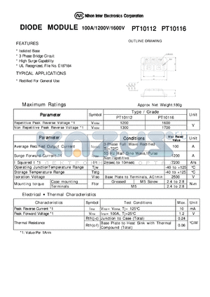 PT10112 datasheet - DIODE MODULE 100A/1200V/1600V