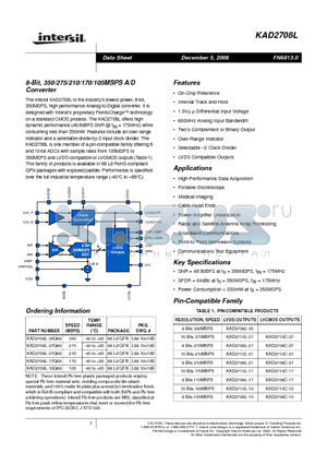 KAD2708L-21Q68 datasheet - 8-Bit, 350/275/210/170/105MSPS A/D Converter
