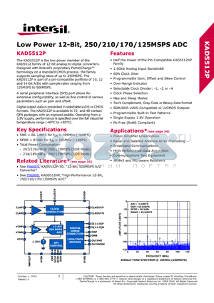 KAD5512P-25Q72 datasheet - Low Power 12-Bit, 250/210/170/125MSPS ADC