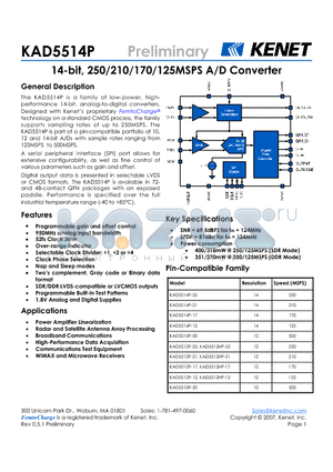 KAD5514P-12Q48 datasheet - 14-bit, 250/210/170/125MSPS A/D Converter