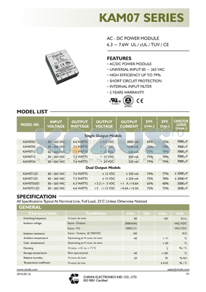 KAM0705 datasheet - AC - DC POWER MODULE 6.3 ~ 7.6 W UL / cUL / TUV / CE