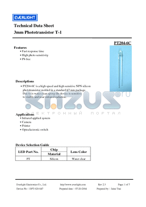 PT204-6C datasheet - 3mm Phototransistor T-1