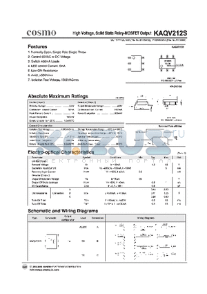 KAQV212S datasheet - HIGH VOLTAGE, SOLID STATE RELAY - MOSFET OUTPUT