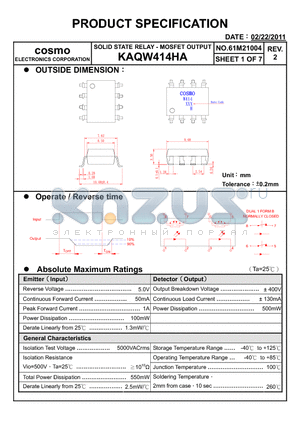 KAQW414HA datasheet - PRODUCT SPECIFICATION