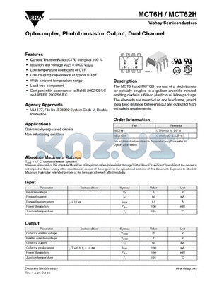 MCT6H datasheet - Optocoupler, Phototransistor Output, Dual Channel