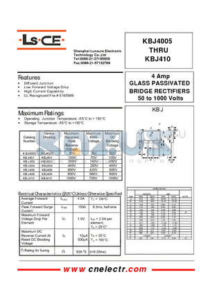 KBJ4005 datasheet - 4Amp glass passivated bridge rectifiers 50to1000 volts