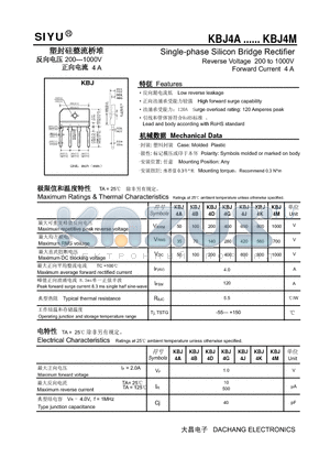 KBJ4D datasheet - Single-phase Silicon Bridge Rectifier Reverse Voltage 200 to 1000V Forward Current 4 A