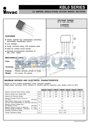 KBL005 datasheet - 4.0 AMPERE SINGLE-PHASE SILICON BRIDGE RECTIFIER