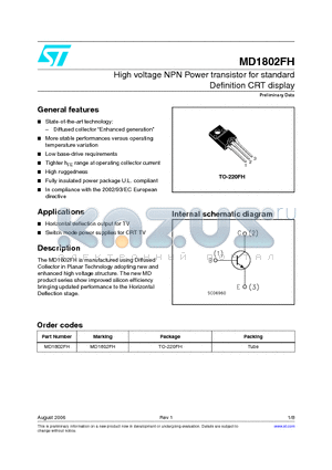 MD1802FH datasheet - High voltage NPN Power transistor for standard Definition CRT display