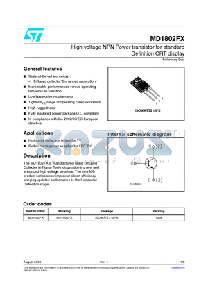 MD1802FX datasheet - High voltage NPN Power transistor for standard Definition CRT display