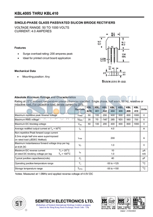 KBL404 datasheet - SINGLE-PHASE GLASS PASSIVATED SILICON BRIDGE RECTIFIERS