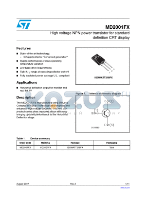 MD2001FX_0708 datasheet - High voltage NPN power transistor for standard definition CRT display