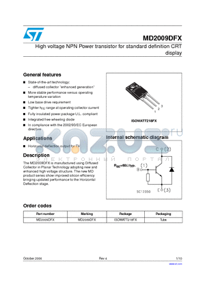 MD2009DFX datasheet - High voltage NPN Power transistor for standard Definition CRT display