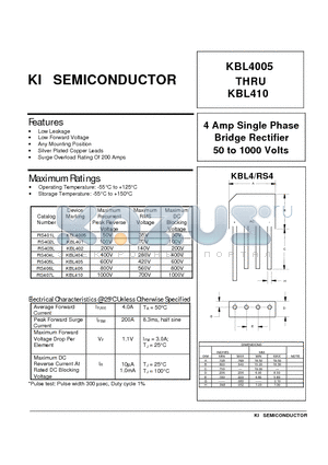 KBL406 datasheet - 4 Amp Single Phase Bridge Rectifier 50 to 1000 Volts