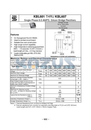 KBL601 datasheet - Single Phase 6.0 AMPS. Silicon Bridge Rectifiers