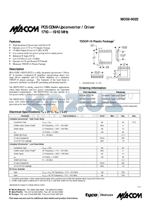 MD59-0022RTR datasheet - PCS CDMA Upconverter / Driver 1710 1710.1910 MHz