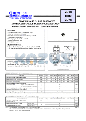 MD5S datasheet - SINGLE-PHASE GLASS PASSIVATED MINI SILICON SURFACE MOUNT BRIDGE RECTIFIER (VOLTAGE RANGE 50 to 1000 Volts CURRENT 0.5 Ampere)