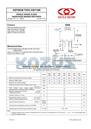 KBP08M datasheet - SINGLE PHASE GLASS PASSIVATED BRIDGE RECTIFIER Voltage: 50 to 1000V Current:1.5A