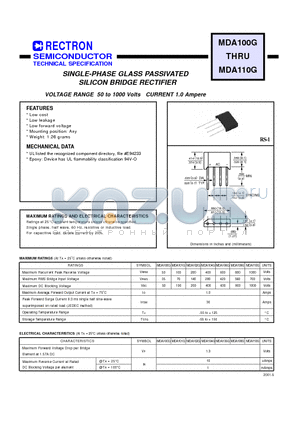 MDA106G datasheet - SINGLE-PHASE GLASS PASSIVATED SILICON BRIDGE RECTIFIER (VOLTAGE RANGE 50 to 1000 Volts CURRENT 1.0 Ampere)